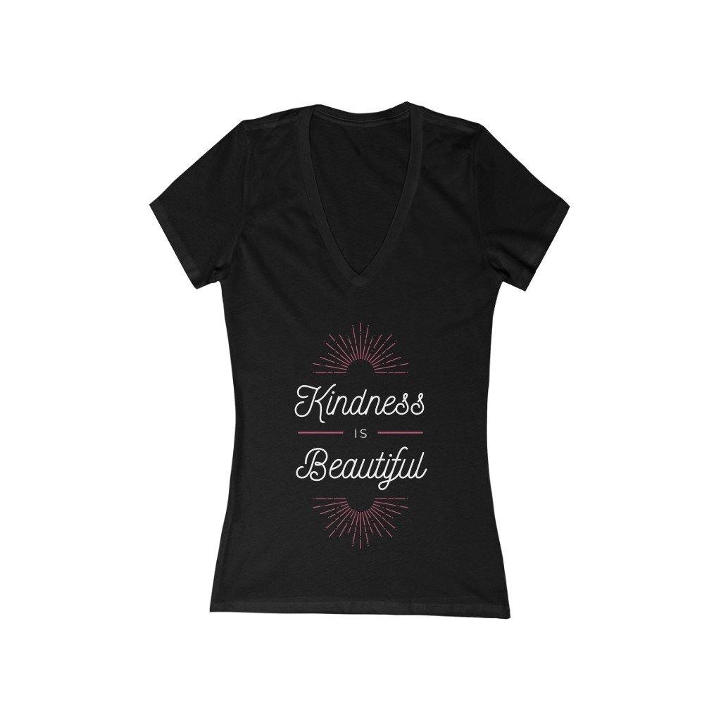 Kindness Is Beautiful Women's Jersey Short Sleeve Deep V-Neck Black Tee - Munchkin Place Shop 